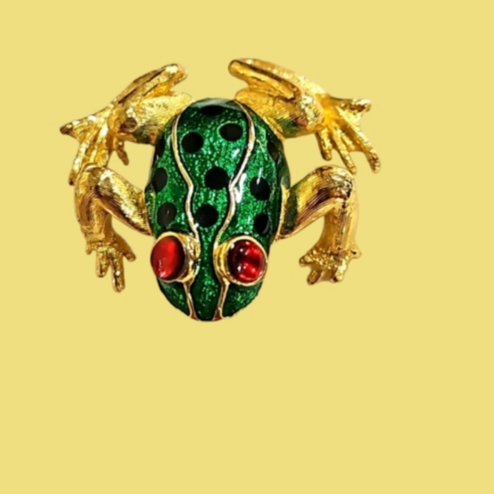 GREEN ENAMEL POLKA DOT FROG BROOCH RED GEM EYES GOLDTONE BROOCH PIN